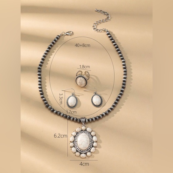 White Oval Marbled Stone Necklace, Earrings, and Ring Set - Picture 3 of 5